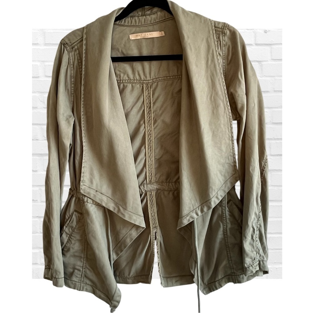 Max Jeans Short Trench Shawl Collar Asymmetrical Hem Cinch Waist Medium Green